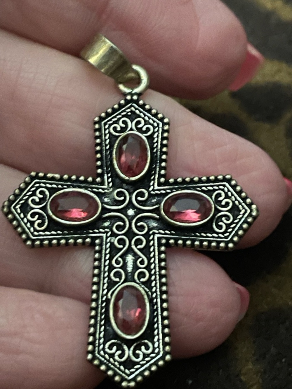 Filigree Cross Pendant Necklace with Pink Gemstones 925 sterling silver